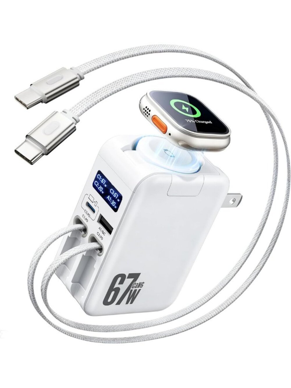 67W 5-in-1 Retractable USB-C Wall Charger for iPhone, iPad, Apple Watch & More